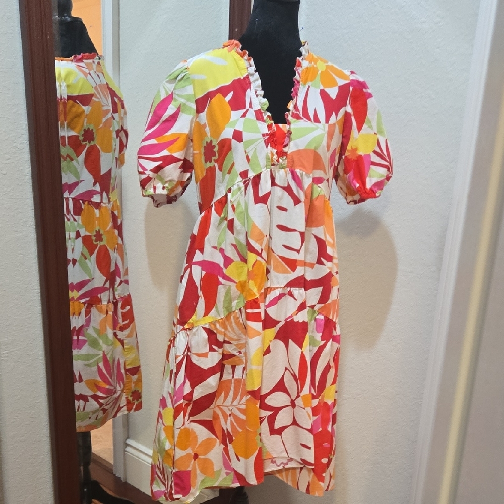 Colorful Floral Puff Sleeve Dress